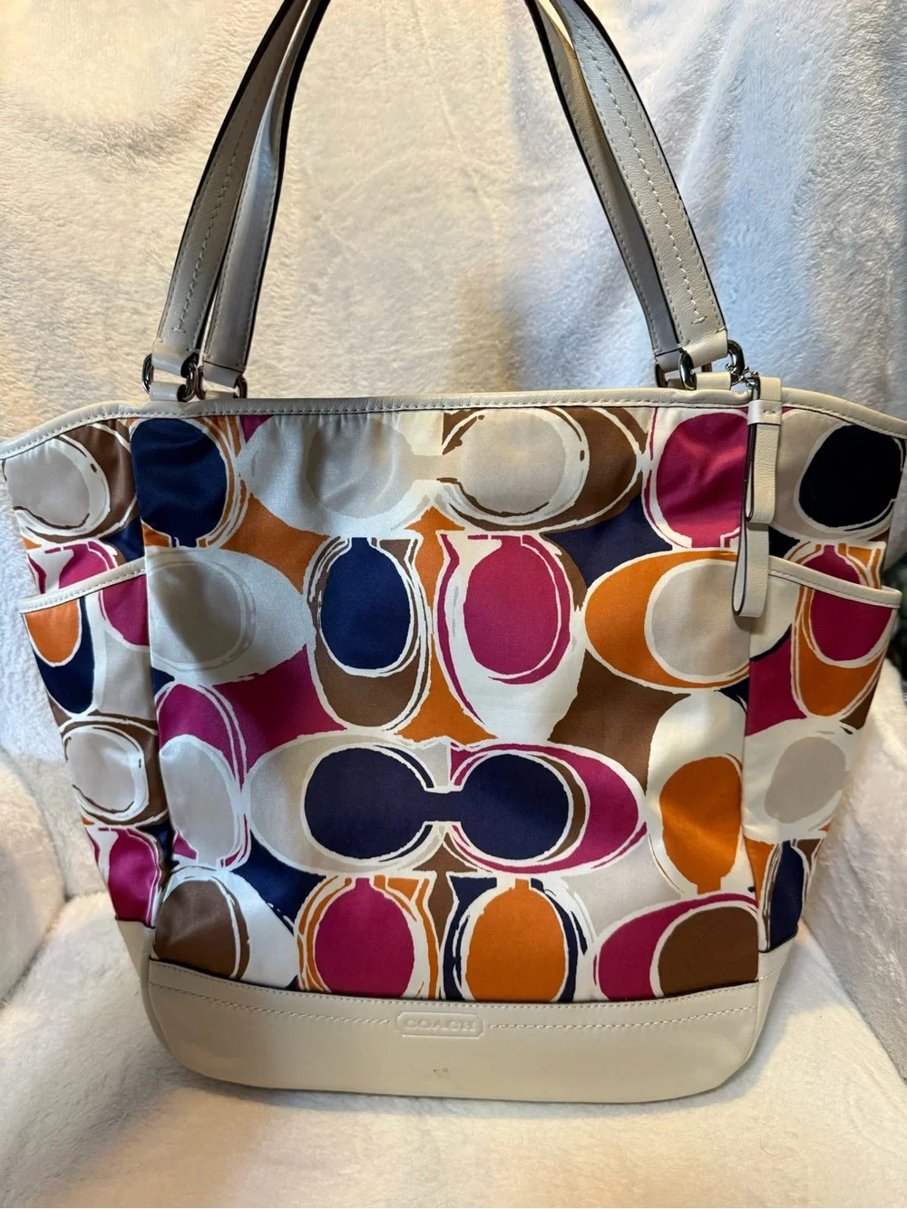 Coach Multicolor Part Op Art Satin & Leather Carrie Tote